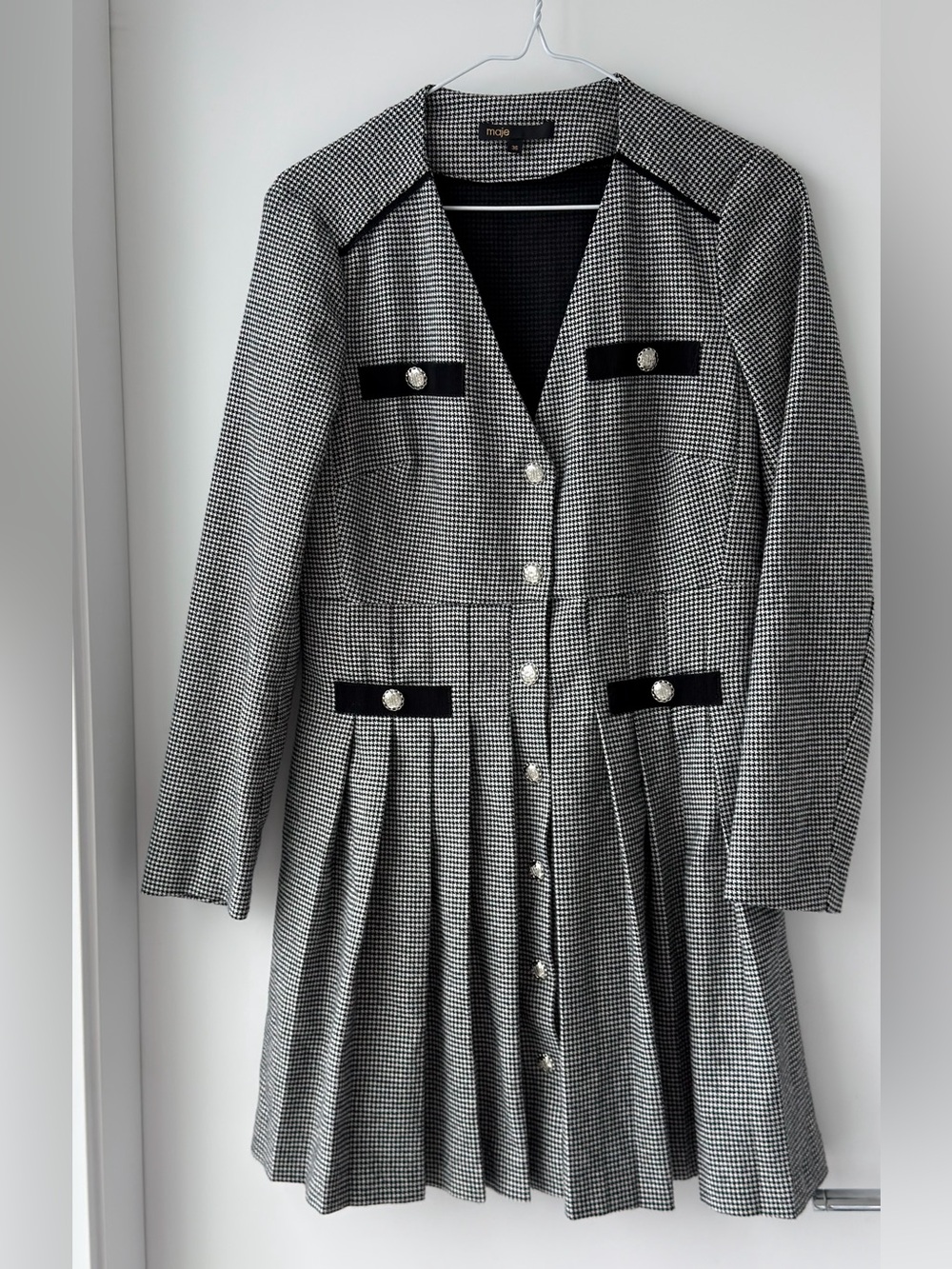 Maje Black & White Houndstooth Pleated Blazer Dress